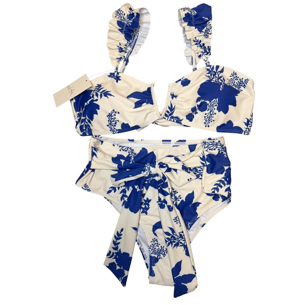 Endless Moon Blue White Floral Botanical Bikini Sz Medium Ruffle High Waist Tie